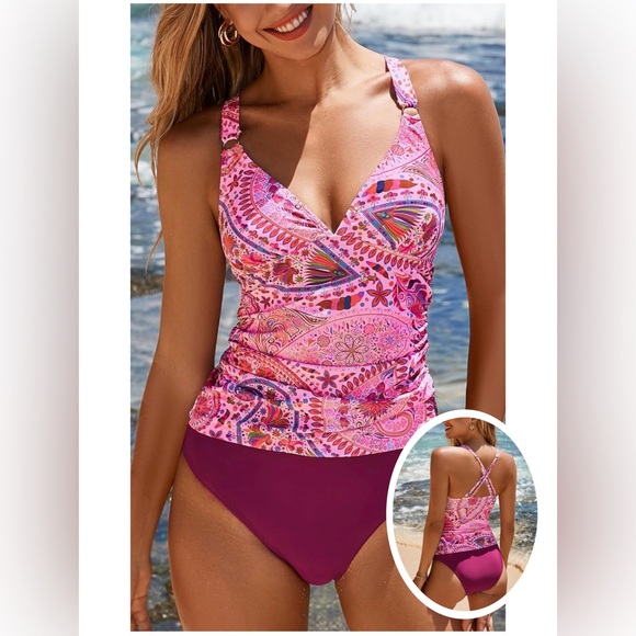 CUPSHE Women's Tankini Sets Two Piece Swimsuit Tummy Control - Picture 1 of 7